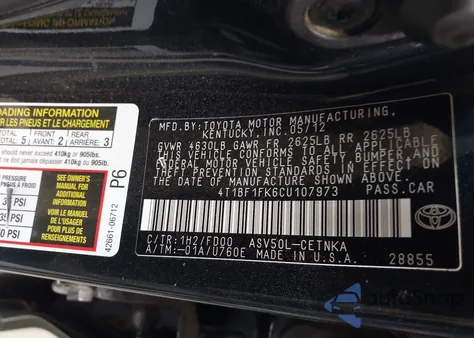 2012 Toyota Camry Le from USA, damaged, VIN 4T1BF1FK6CU107973